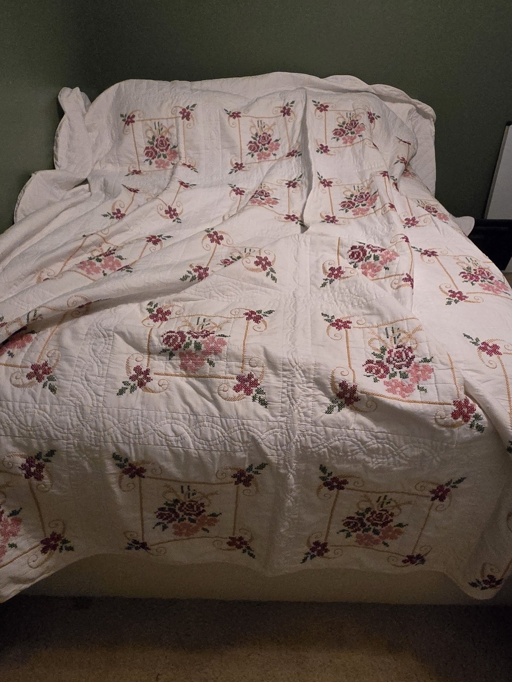 Vintage Hand Embroidered Cross Stitch Floral Bedspread 110x115" Huge European